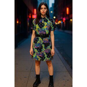 Pretty Snake Art Print Shirt Dress | Surreal Neon Graphic Button-Up | Retro Indi